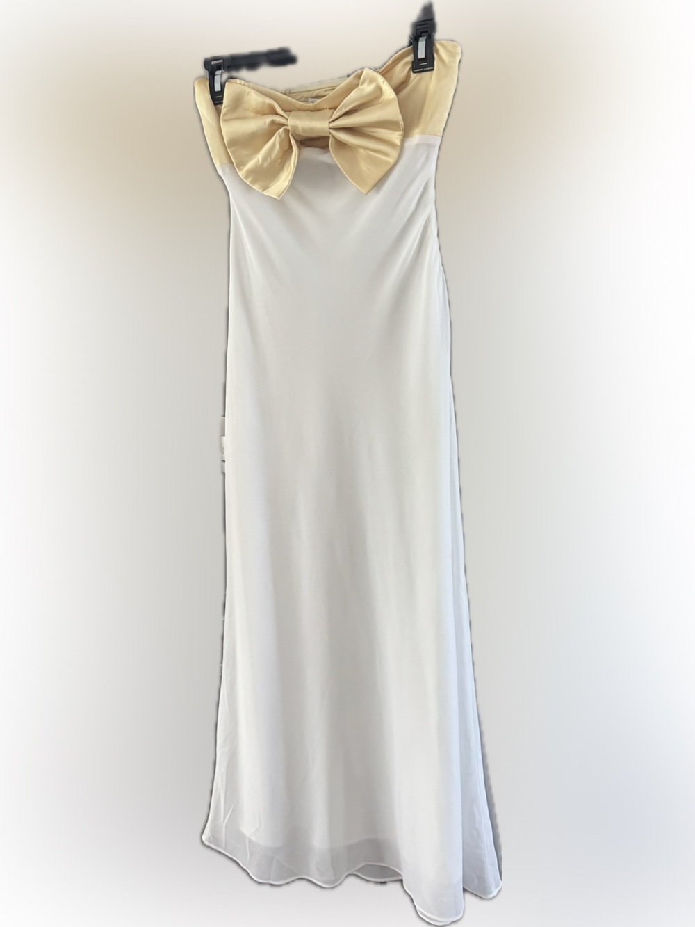 Strapless White and Gold Bow Evening Dress